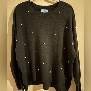 CeCe Rich Black Crewneck Sweater with Imitation Pearls